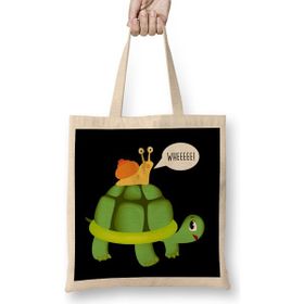 Humuts Cute Snail Riding On Turtle Yelling Whee Animals Açık Bej Uzun Saplı Bez Çanta