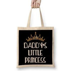 Humuts Daddy's Little Princess White Font Gold Tiara Uzun Saplı Bez Çanta