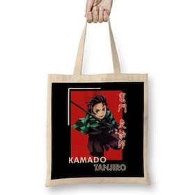Humuts Demon Slayer Kamado Tanjiro Açık Bej Uzun Saplı Bez Çanta