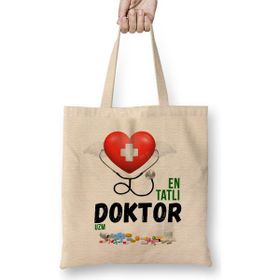 Humuts Doktor Doktora Hediye Açık Bej Uzun Saplı Bez Çanta