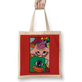 Humuts Doodle Illustration Açık Bej Uzun Saplı Bez Çanta