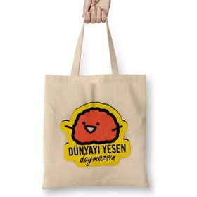 Humuts Dünyayı Yesen Doymassın Açık Bej Uzun Saplı Bez Çanta