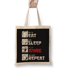 Humuts Eat Sleep Anime Repeat 02 Açık Bej Uzun Saplı Bez Çanta