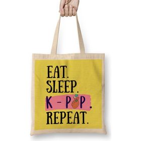 Humuts Eat Sleep Kpop Repeat Funny Quote Bez Uzun Saplı Açık Bej Rengi Çanta