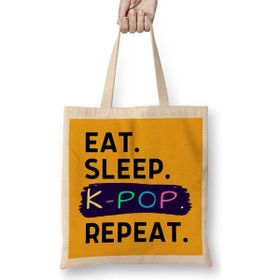 Humuts Eat Sleep Kpop Repeat Funny Quote Bez Uzun Saplı Açık Bej Rengi Çanta