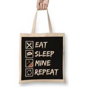 Humuts Eat Sleep Mine Repeat Minecraft Game Bez Uzun Saplı Açık Bej Rengi Çanta