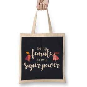 Humuts Feminism Being Female Is My Super Power Bez Uzun Saplı Açık Bej Rengi Çanta