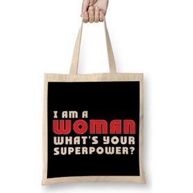 Humuts Feminist I Am A Woman Whats Your Superpower Bez Uzun Saplı Açık Bej Rengi Çanta
