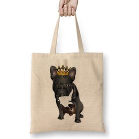 Humuts French Bulldog Artwork Açık Bej Uzun Saplı Bez Çanta