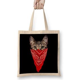 Humuts Gangster Cat Kedi Açık Bej Uzun Saplı Bez Çanta