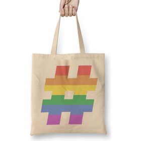 Humuts Gay Pride Rainbow Hashtag Açık Bej Uzun Saplı Bez Çanta