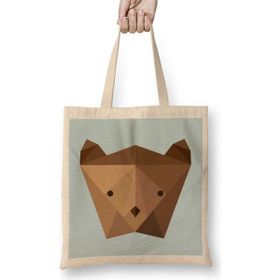 Humuts Geometric Animal Bear Head Açık Bej Uzun Saplı Bez Çanta