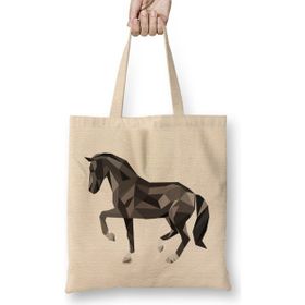 Humuts Geometric Animal Black Horse Açık Bej Uzun Saplı Bez Çanta