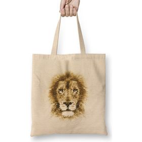 Humuts Geometric Animal Lion Açık Bej Uzun Saplı Bez Çanta