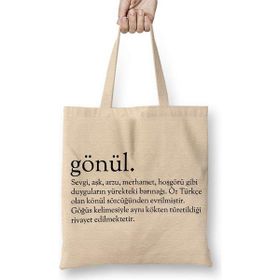 Humuts Gönül Kelime Uzun Saplı Açık Bej Bez Çanta