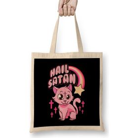 Humuts Hail Satan Cat Cute Rainbow Kitty Heavy Metal Pun Uzun Saplı Bez Çanta