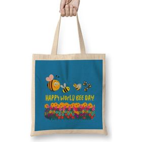 Humuts Happy World Bee Day! Açık Bej Uzun Saplı Bez Çanta