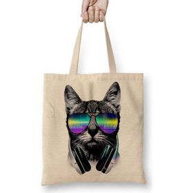 Humuts Havalı Dj Cool Kedi Açık Bej Uzun Saplı Bez Çanta