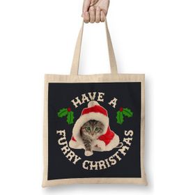 Humuts Have A Furry Christmas Cat Açık Bej Uzun Saplı Bez Çanta