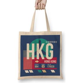 Humuts Hong Kong HKG Airport Code Baggage Tag Uzun Saplı Açık Bej Bez Çanta