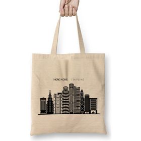Humuts Hong Kong Skyline Outline Cityscape Travel Uzun Saplı Açık Bej Bez Çanta