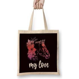 Humuts Horses My Love Horse Fan Stable Horseshoe Saddle Dressage Uzun Saplı Açık Bej Bez Çanta