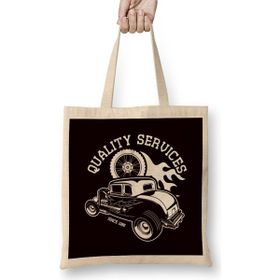 Humuts Hot Rod Service Classic Old American Cars Automobile Garage Uzun Saplı Açık Bej Bez Çanta