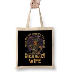 Humuts I Asked Odin For Strength And Courage Shield Maiden Wife Strength And Courage Viking Bez Uzun Saplı Açık Bej Rengi Çanta
