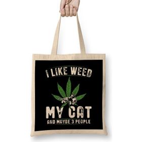 Humuts I Like Weed My Cat And Maybe 3 People Kedi Bez Uzun Saplı Açık Bej Rengi Çanta