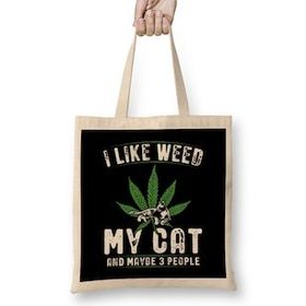 Humuts I Like Weed My Cat And Maybe 3 People Kedi Bez Uzun Saplı Açık Bej Rengi Çanta