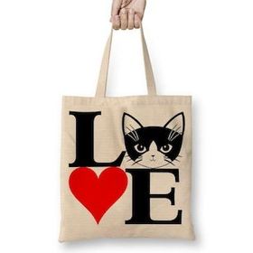 Humuts I Lowe Kedi Seni Seviyorum Kedi Bez Uzun Saplı Açık Bej Rengi Çanta