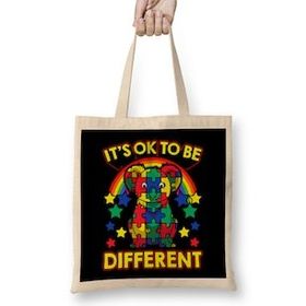 Humuts It S Ok To Be Different Autism Awareness Panda Açık Bej Uzun Saplı Bez Çanta