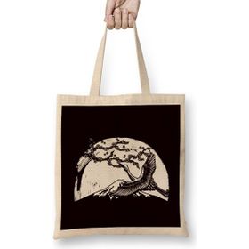 Humuts Japan Crane Stork Sakura Cherry Blossom Tree Japanese Art Uzun Saplı Açık Bej Bez Çanta