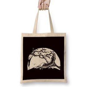 Humuts Japan Crane Stork Sakura Cherry Blossom Tree Japanese Art Uzun Saplı Açık Bej Bez Çanta