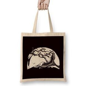Humuts Japan Crane Stork Sakura Cherry Blossom Tree Japanese Art Uzun Saplı Açık Bej Bez Çanta