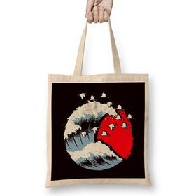 Humuts Japan Flag Wave Stork Crane Cherry Blossom Tree Sakura Uzun Saplı Açık Bej Bez Çanta