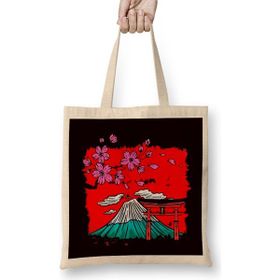 Humuts Japan Sakura Cherry Blossom Tree Volcano Japanese Art Nature Uzun Saplı Açık Bej Bez Çanta