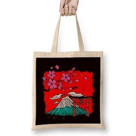Humuts Japan Sakura Cherry Blossom Tree Volcano Japanese Art Nature Uzun Saplı Açık Bej Bez Çanta