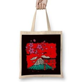 Humuts Japan Sakura Cherry Blossom Tree Volcano Japanese Art Nature Uzun Saplı Açık Bej Bez Çanta