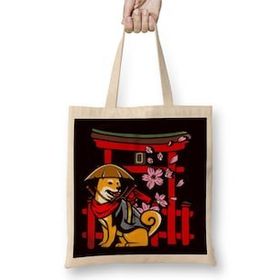 Humuts Japan Sakura Dog Shiba Inu Cherry Blossom Tree Japanese Art Bez Uzun Saplı Açık Bej Rengi Çanta