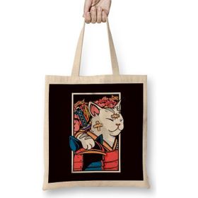 Humuts Japanese Art Cat Samurai Ninja Katana Warrior Kendo Sword Uzun Saplı Açık Bej Bez Çanta
