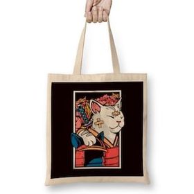 Humuts Japanese Art Cat Samurai Ninja Katana Warrior Kendo Sword Uzun Saplı Açık Bej Bez Çanta
