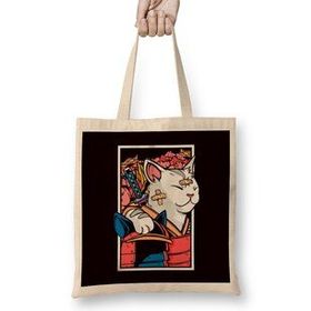 Humuts Japanese Art Cat Samurai Ninja Katana Warrior Kendo Sword Uzun Saplı Açık Bej Bez Çanta