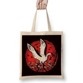 Humuts Japanese Flag Stork Crane Sakura Japan Art Nature Flowers Uzun Saplı Açık Bej Bez Çanta