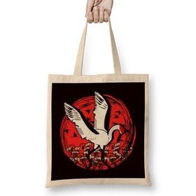 Humuts Japanese Flag Stork Crane Sakura Japan Art Nature Flowers Uzun Saplı Açık Bej Bez Çanta