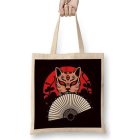 Humuts Japanese Hand Fan Cat Geisha Samurai Ninja Shinobi Warrior Uzun Saplı Açık Bej Bez Çanta