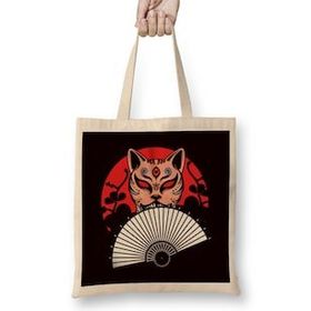 Humuts Japanese Hand Fan Cat Geisha Samurai Ninja Shinobi Warrior Uzun Saplı Açık Bej Bez Çanta