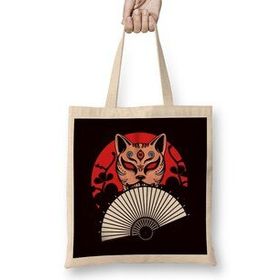Humuts Japanese Hand Fan Cat Geisha Samurai Ninja Shinobi Warrior Uzun Saplı Açık Bej Bez Çanta