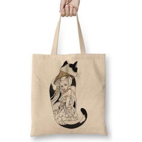 Humuts Kedi Geisha Cat Açık Bej Uzun Saplı Bez Çanta