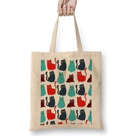 Humuts Kediler Cat Pattern Açık Bej Uzun Saplı Bez Çanta